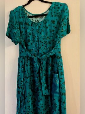 Teal Floral Tie-Waist Women’s Dress
